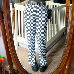 checkerboard print jeans